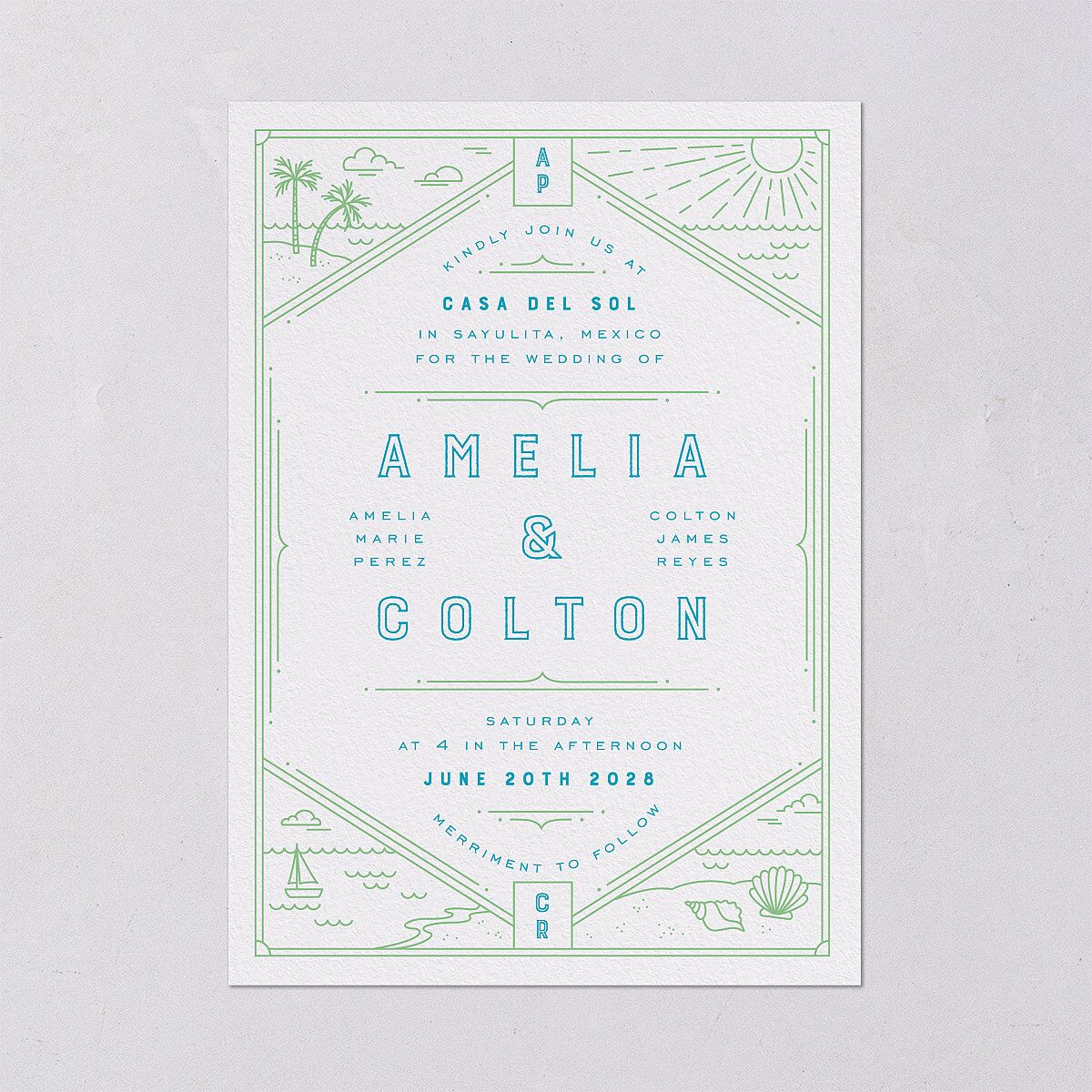 Iconic Beach Wedding Invitations Green Apple Signature Blank No Standard