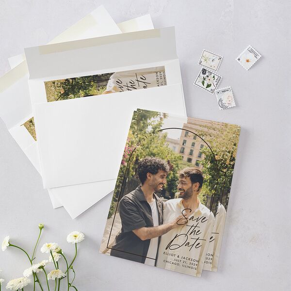 Scripted Arch Save the Date Cards Deep Bronze Signature smooth Blank No Standard