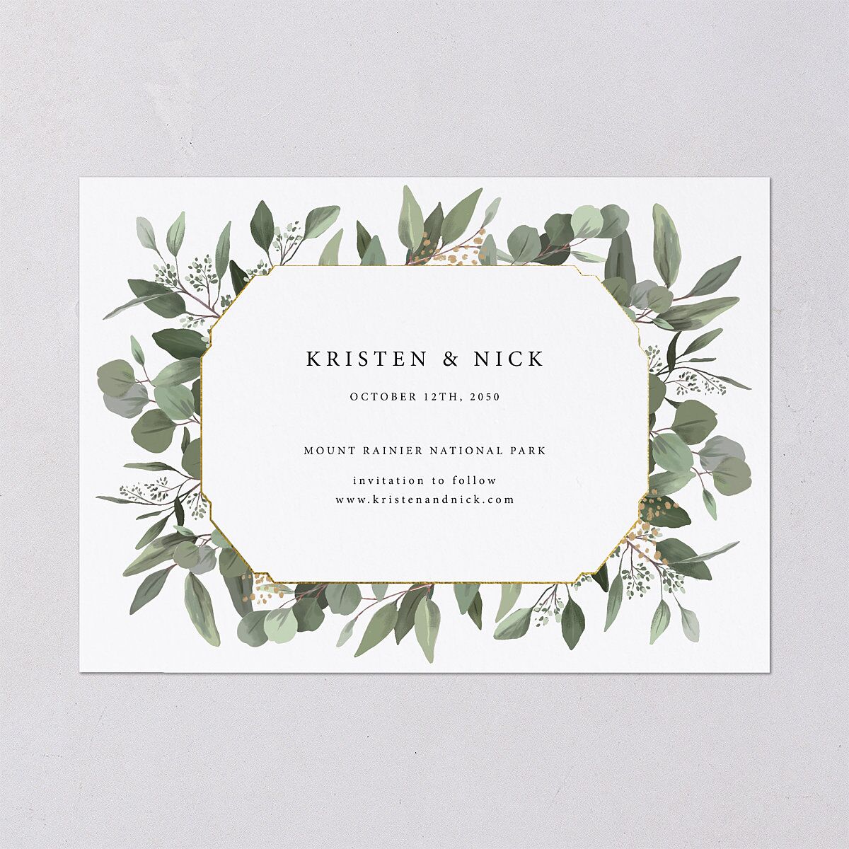 Eucalyptus Frame Save The Date Cards Pure White Signature smooth Blank No Standard