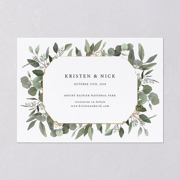 Eucalyptus Frame Save The Date Cards Pure White Signature smooth Blank No Standard