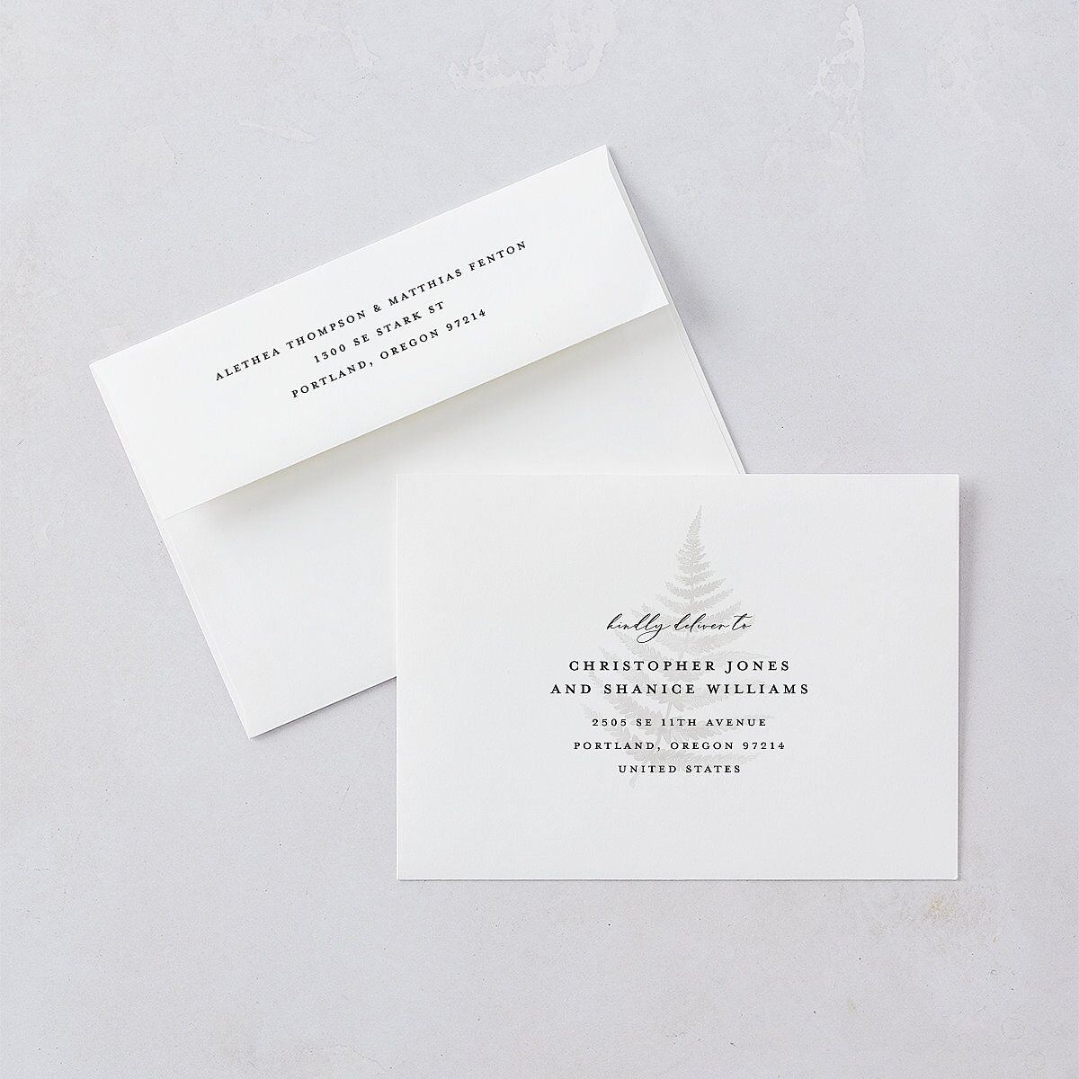 Woodsy Ferns Wedding Invitation Envelopes White Scottish Green Both Recipient and Return Addresses Standard Signature