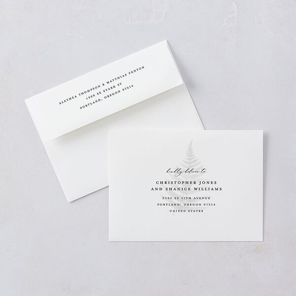Woodsy Ferns Wedding Invitation Envelopes White Scottish Green Both Recipient and Return Addresses Standard Signature