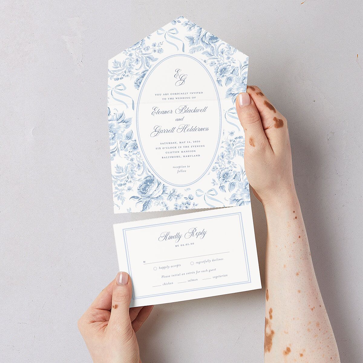 Vintage French Floral Toile All-in-One Wedding Invitations Dusty Blue Signature Light Both Recipient and Return Addresses No