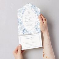 Vintage French Floral Toile All-in-One Wedding Invitations Dusty Blue Signature Light Both Recipient and Return Addresses No