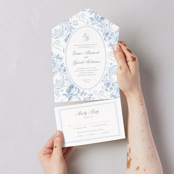 Vintage French Floral Toile All-in-One Wedding Invitations Dusty Blue Signature Light Both Recipient and Return Addresses No