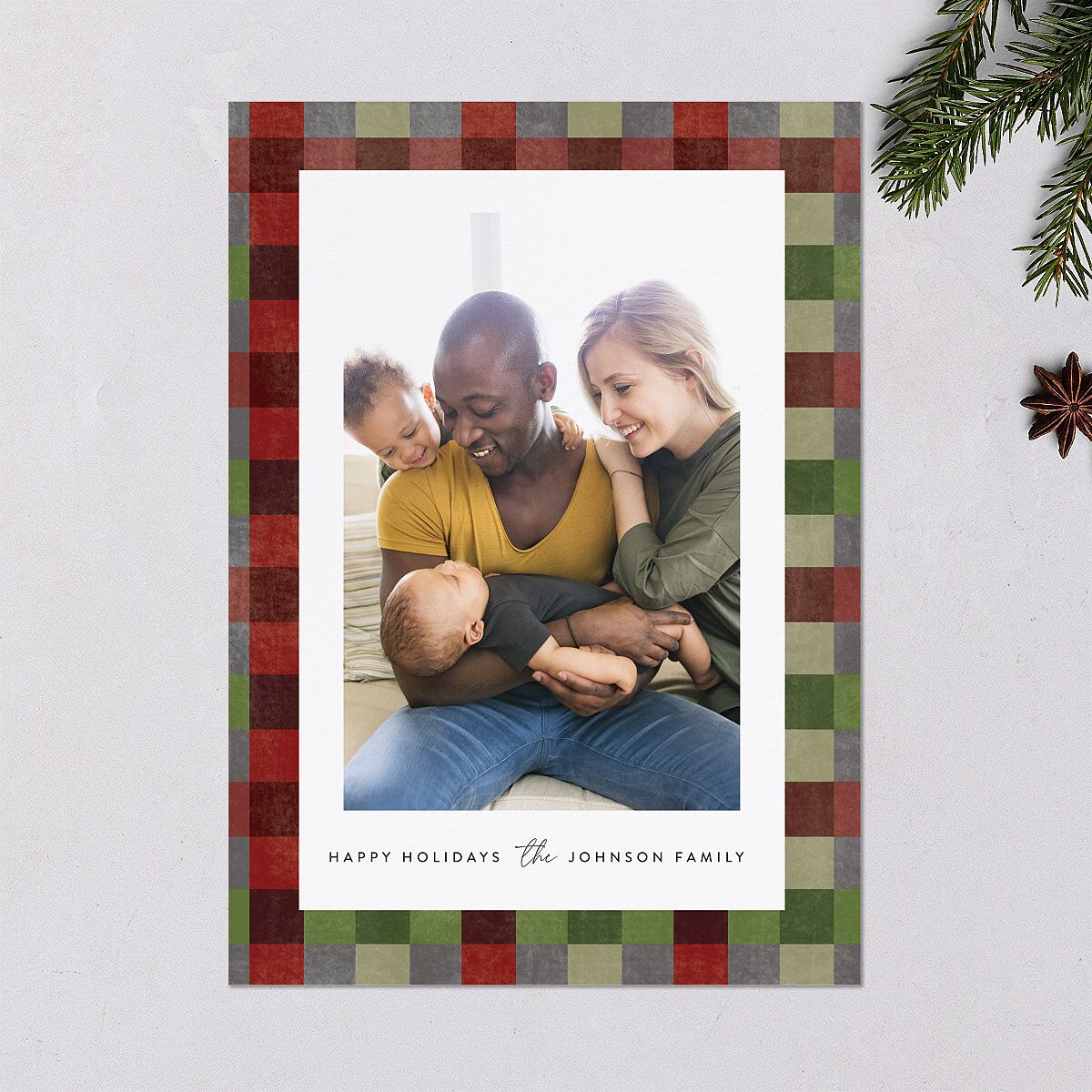 Plaid Window Holiday Cards Rust Signature Blank Standard Portrait