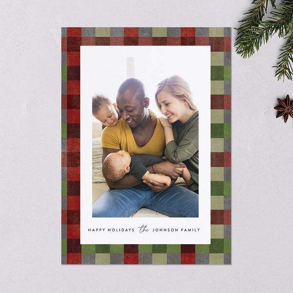 Plaid Window Holiday Cards Rust Signature Blank Standard Portrait