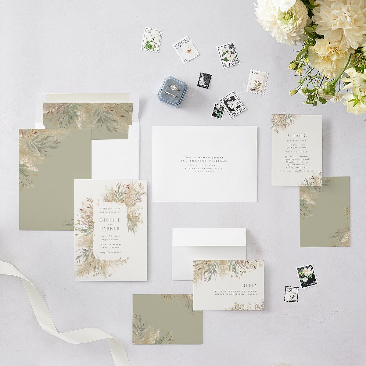 Ethereal Pampas Wedding Invitations Gold Thyme Signature Blank No Standard