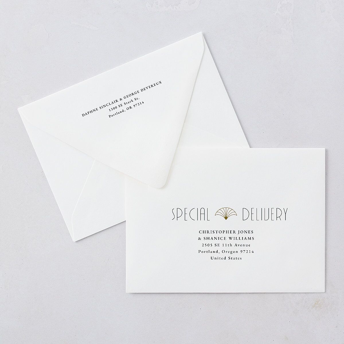 Gatsby Deco Arch Wedding Invitation Euro Envelopes White Dark Emerald Both Recipient and Return Addresses Luxe Signature