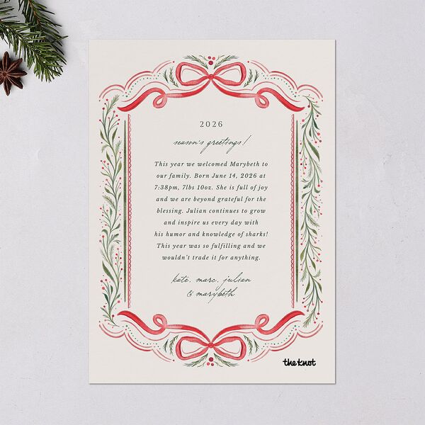 Baby's First Christmas Bow Garland Holiday Cards Ruby Signature Blank Portrait Standard