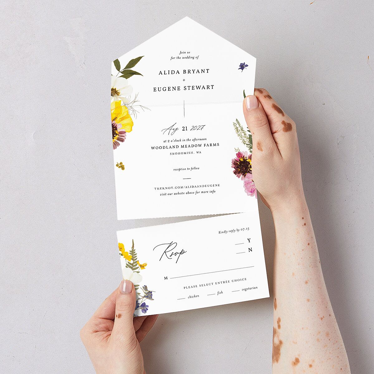 Pressed Flowers All-in-One Wedding Invitations Sunflower Signature Light Both Recipient and Return Addresses No