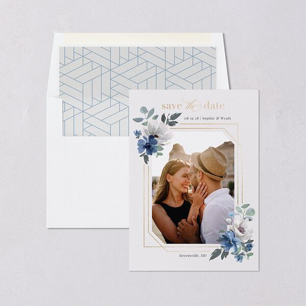 Floral Frame Foil Save The Date Cards Gold Regency Blue Signature smooth Blank No Standard