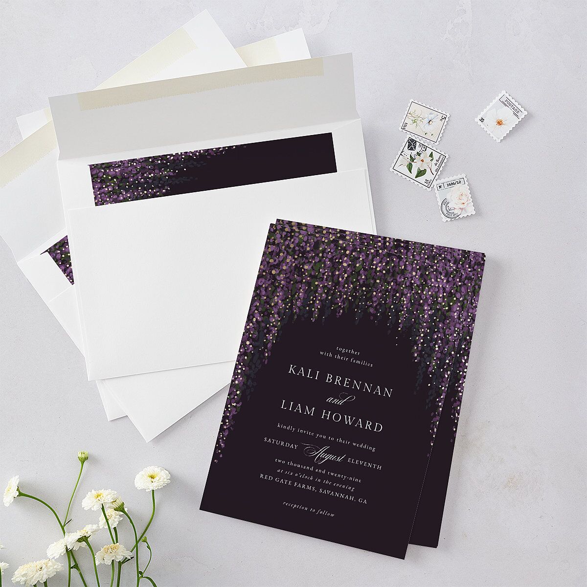 Elegant Fairytale Wisteria Foil Wedding Invitations Gold Regency Signature Blank No Standard
