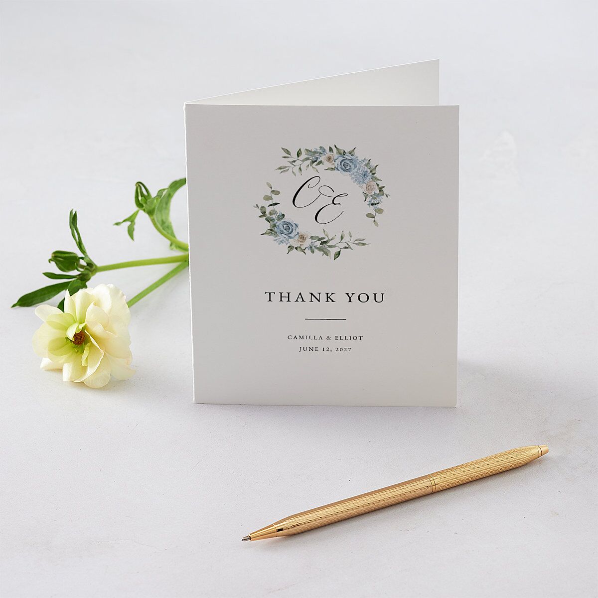Floral Monogram Thank You Cards Dusty Blue