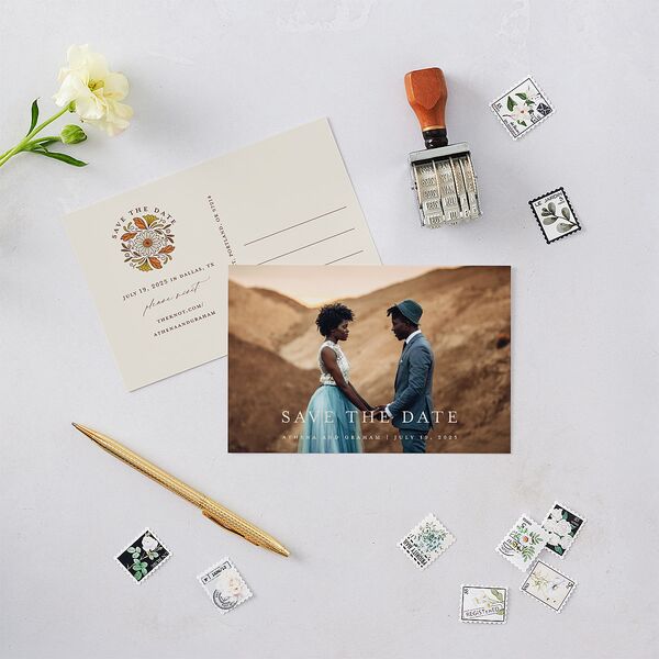 Intricate Vintage Save The Date Postcards Tan