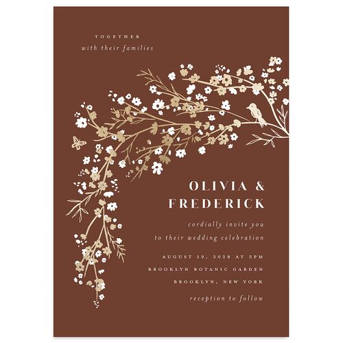 Cherry Blossoms Wedding Invitations Gold Chestnut Signature Blank No Standard