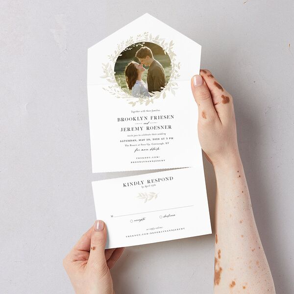 Shining Wreath All-in-One Wedding Invitations Pure White Signature Light Both Recipient and Return Addresses No