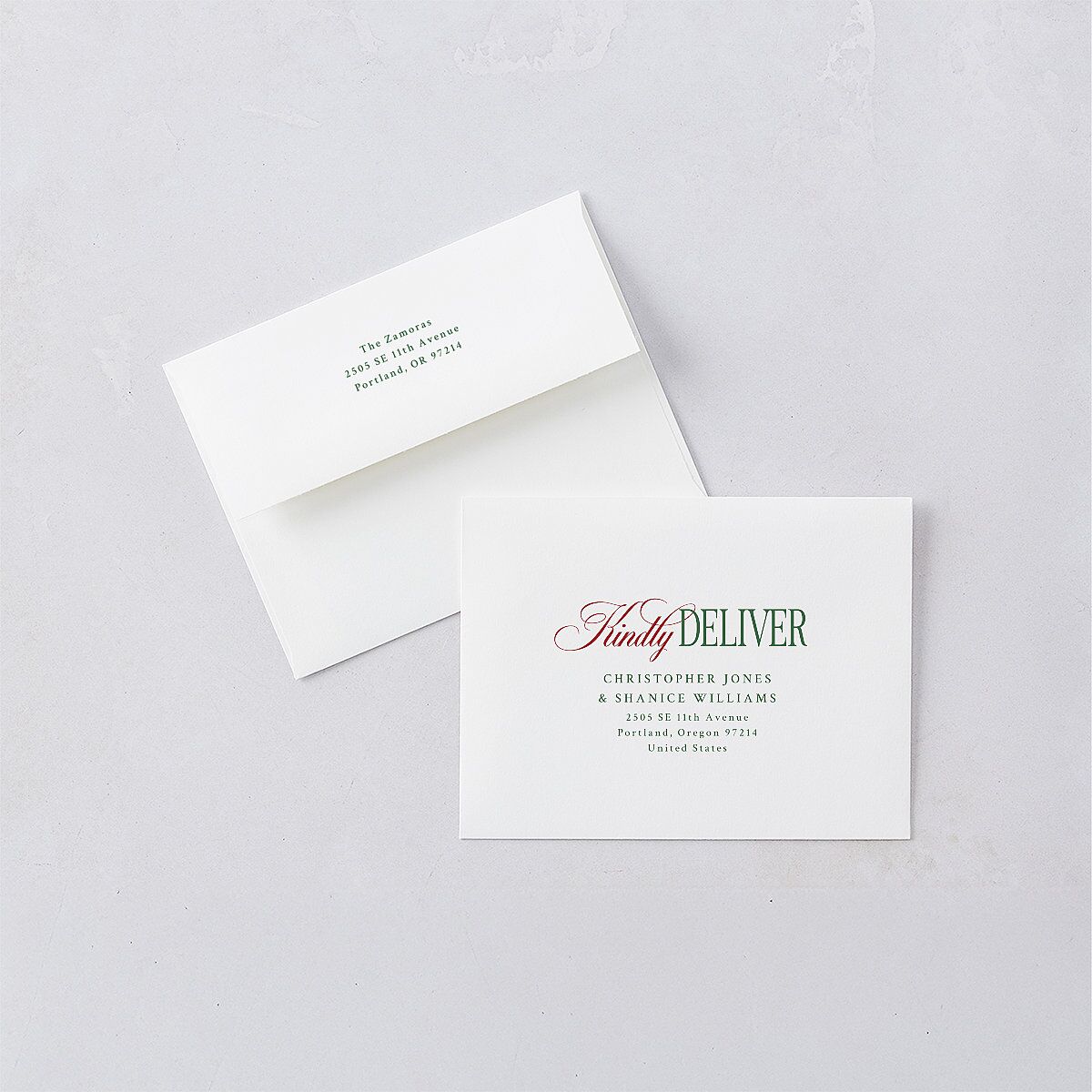 Married Christmas Calligraphy Thank You Card Envelopes White Hunter Green Both Recipient and Return Addresses Signature Standard