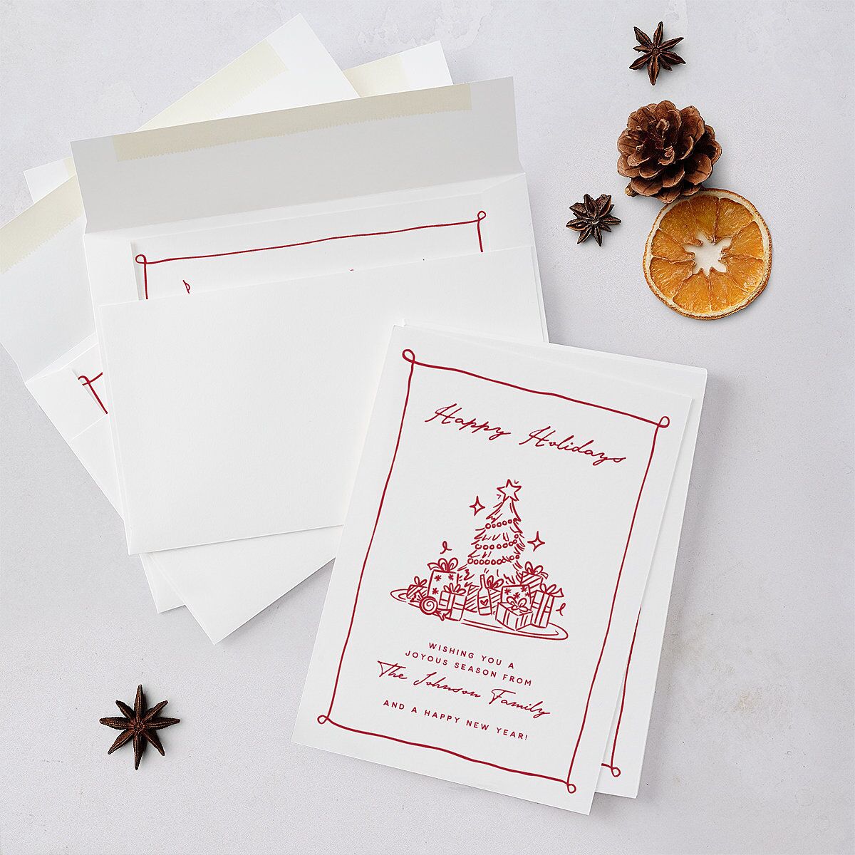 Hand Drawn Christmas Tree Holiday Cards Jewel Red Signature Blank Standard Portrait