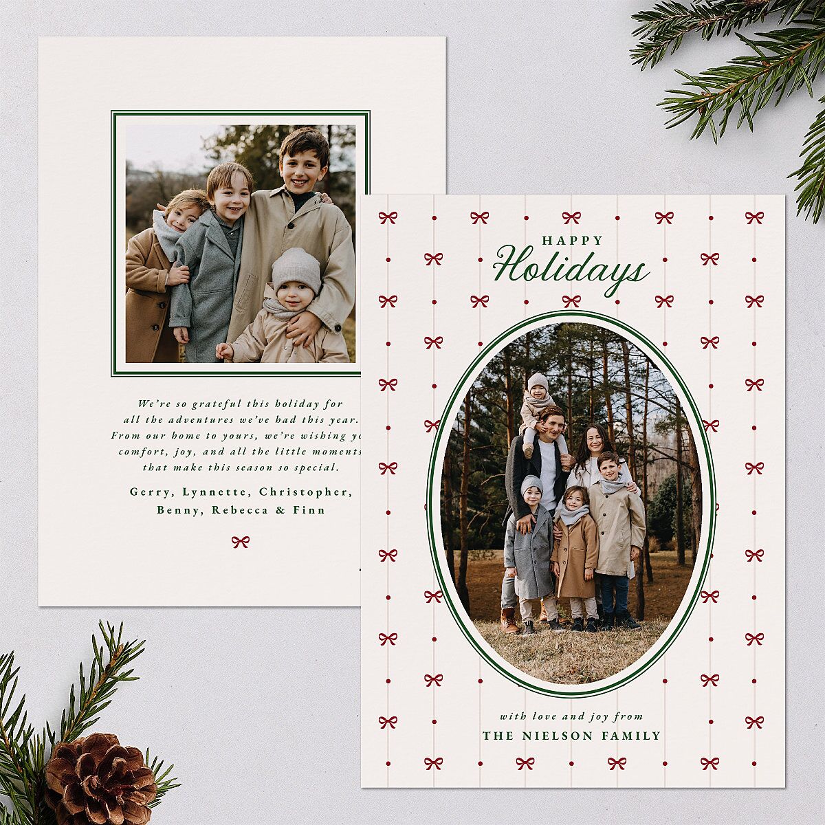Vintage Bow Pattern Photo Holiday Cards Jewel Green Signature Blank Standard