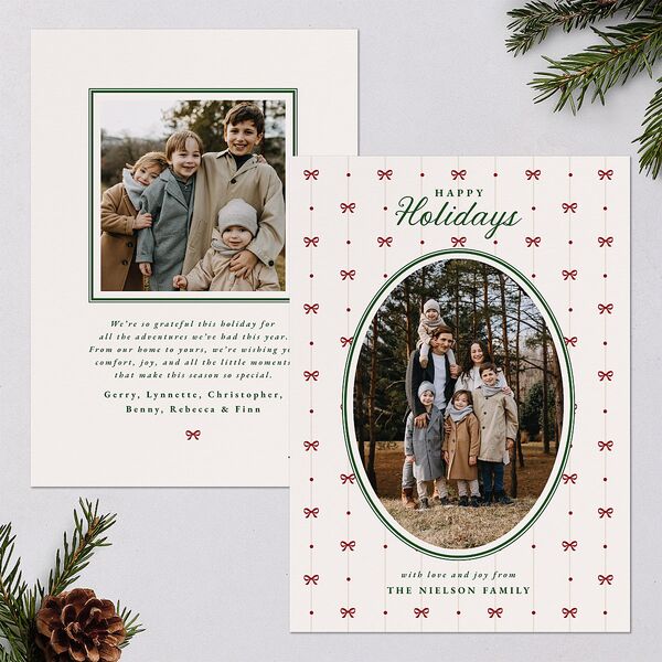 Vintage Bow Pattern Photo Holiday Cards Jewel Green Signature Blank Standard