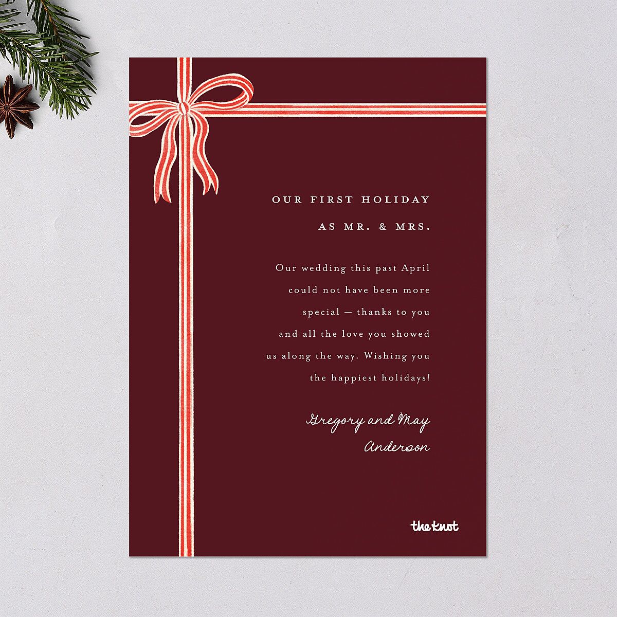 Striped Bow Photo Holiday Cards Ruby Signature Blank Standard Portrait