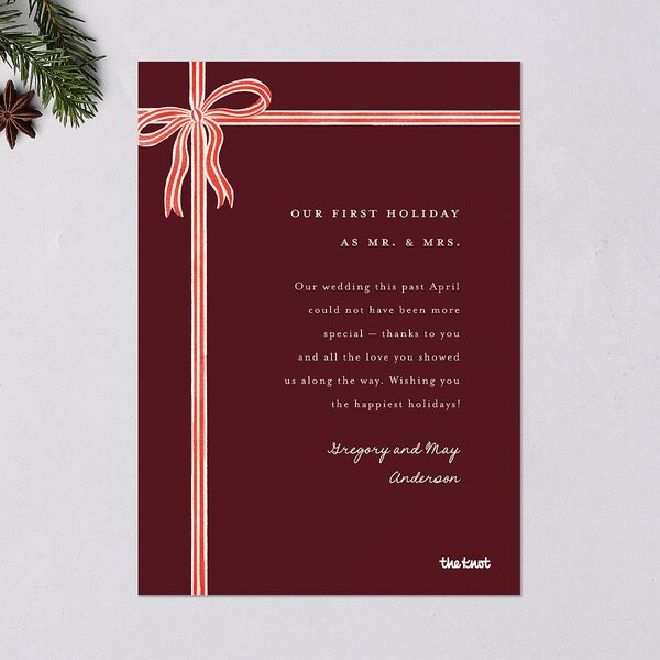 Striped Bow Photo Holiday Cards Ruby Signature Blank Standard Portrait