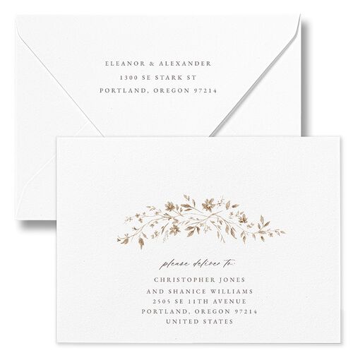 Timeless Floral Rehearsal Dinner Invitation Euro Envelopes White Bisque Both Recipient and Return Addresses Luxe Signature