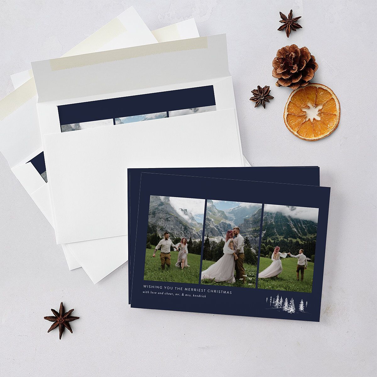 Triptych Trees Holiday Cards Navy Signature Blank Landscape Standard