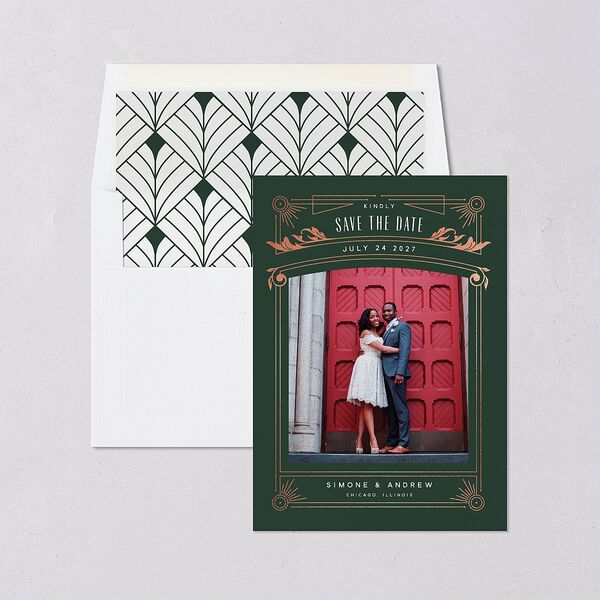 Ornate Elegance Save The Date Cards Rose Gold Dark Emerald Signature smooth Blank No