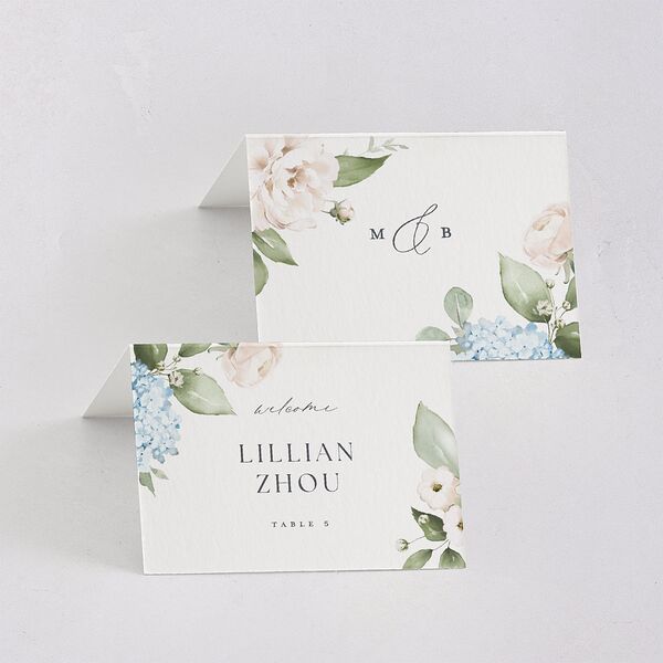 Elegant Peonies and Hydrangeas Place Cards Baby Blue Signature
