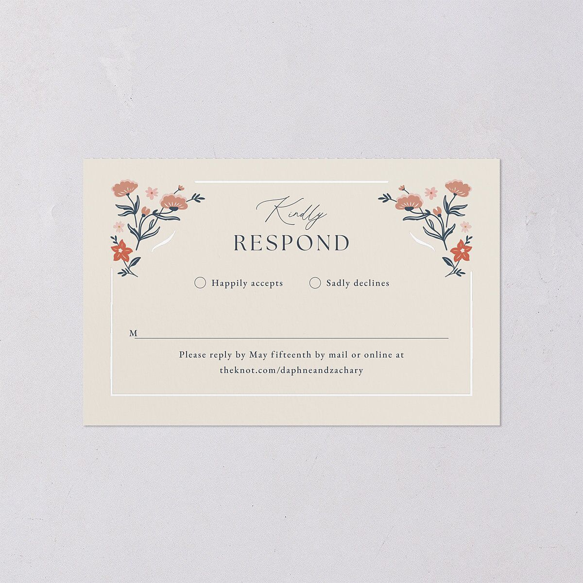 Flora Garden Border All-in-One Wedding Invitations Moody Blue Signature Light Both Recipient and Return Addresses No