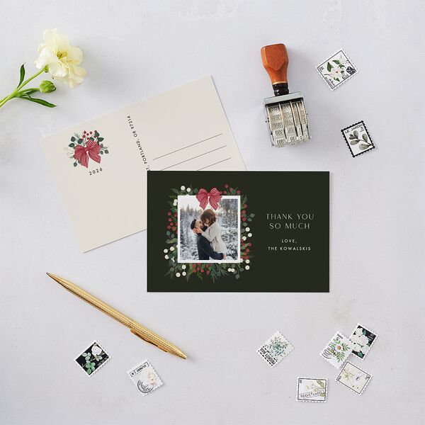 Rustic Holiday Foliage with Bow Thank You Postcards Hunter Green
