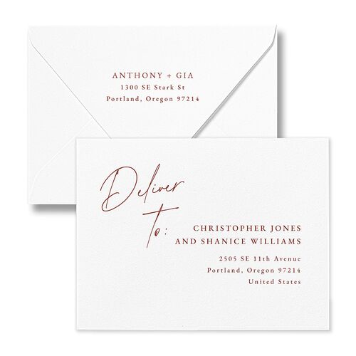 Corner Date Save the Date Petite Card Euro Envelopes White Burnt Orange Both Recipient and Return Addresses Luxe Signature