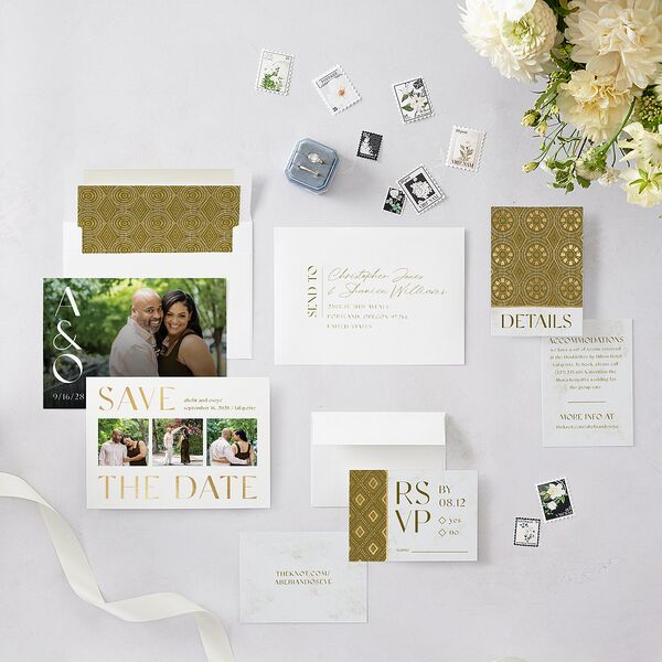 Gilded Sahara Pattern Save the Date Cards Gold Umber Signature smooth Blank No Standard
