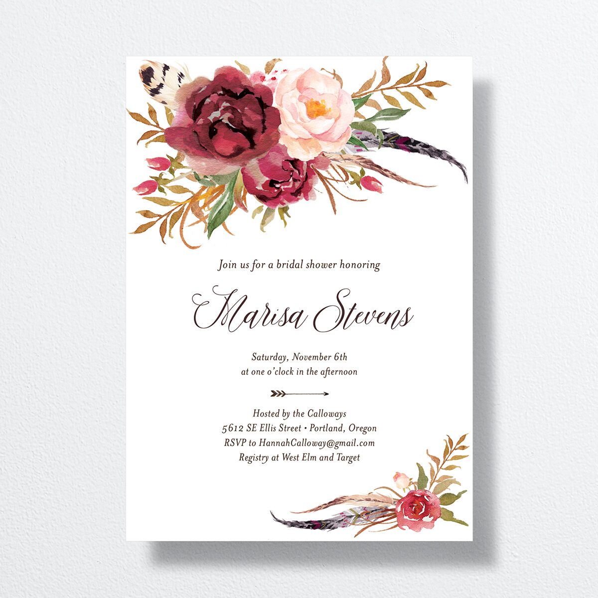 Bohemian Floral Bridal Shower Invitations Merlot Signature
