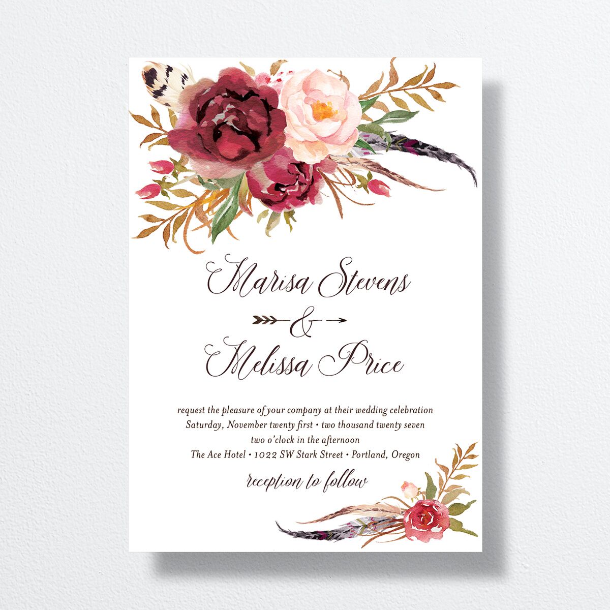 Bohemian Floral Wedding Invitations Merlot Signature No