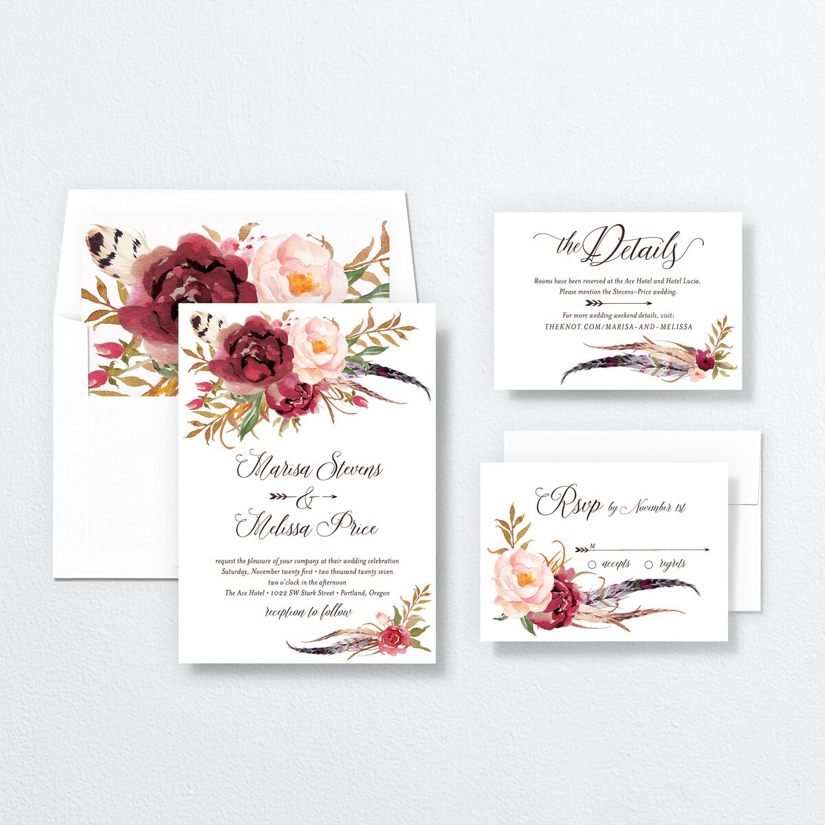 Bohemian Floral Wedding Invitations Merlot Signature No