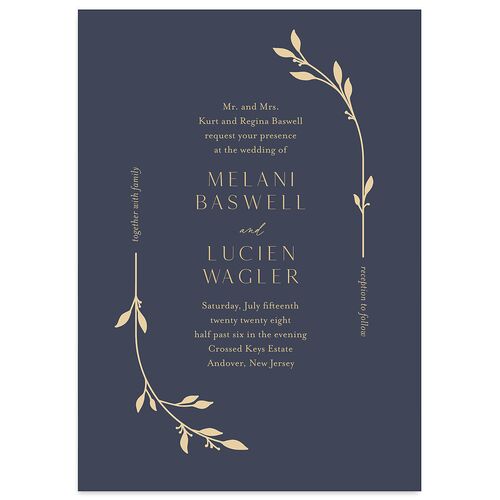 Gilded Sprigs Wedding Invitations Moody Blue Signature Blank No Standard