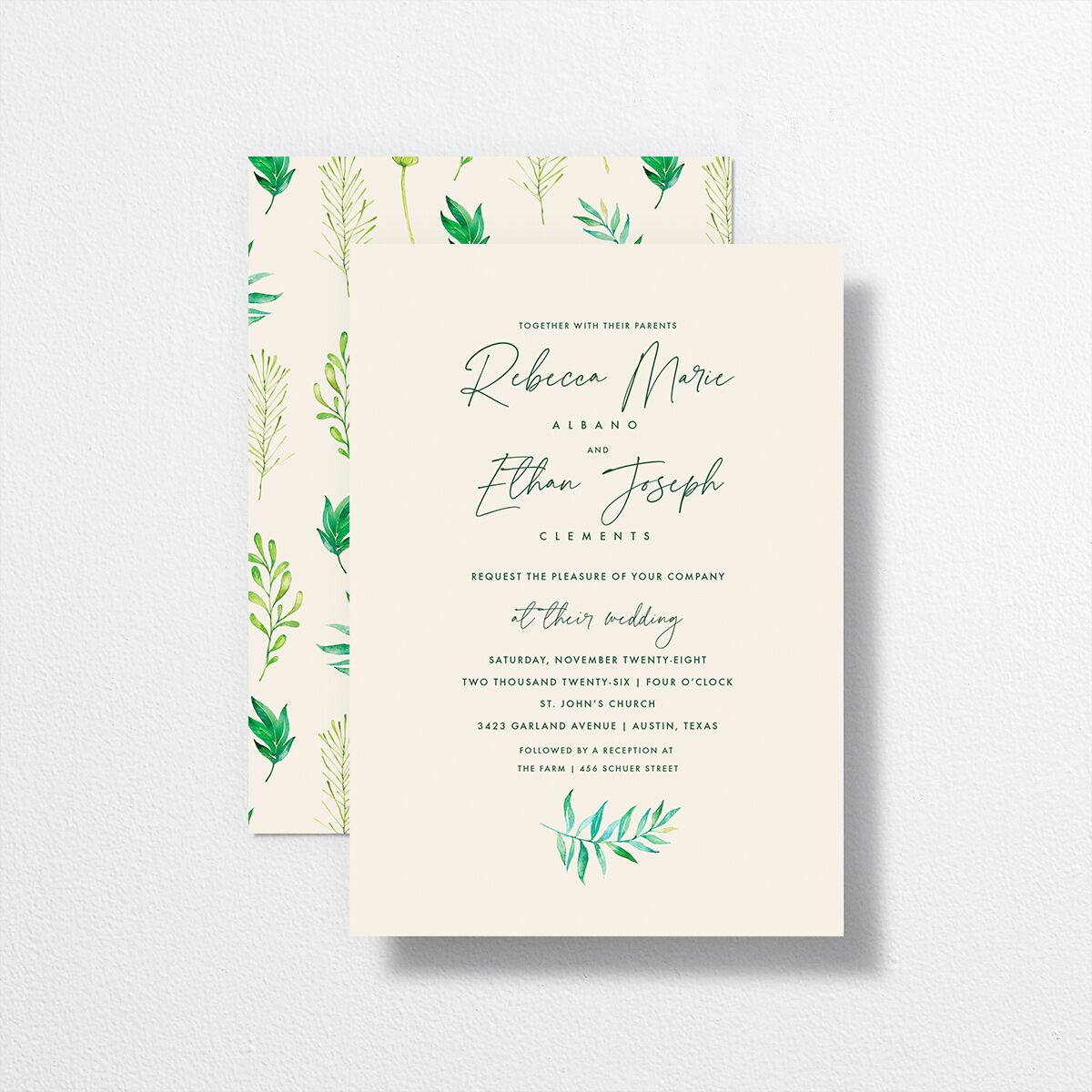 Calligraphic Botanical Wedding Invitations front-and-back in cream