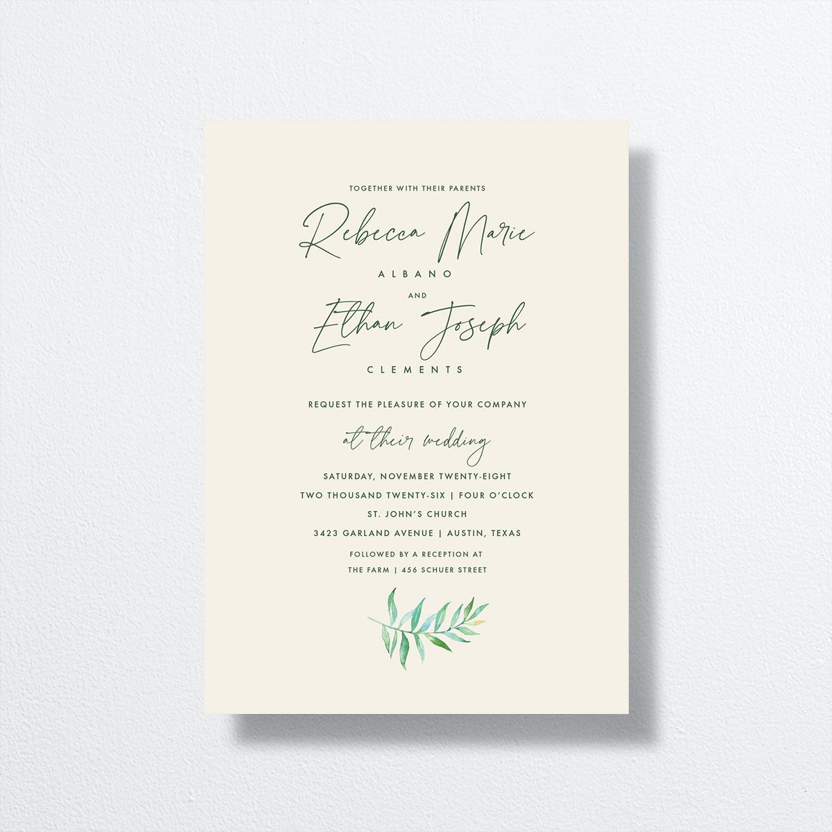 Calligraphic Botanical Wedding Invitations front in cream
