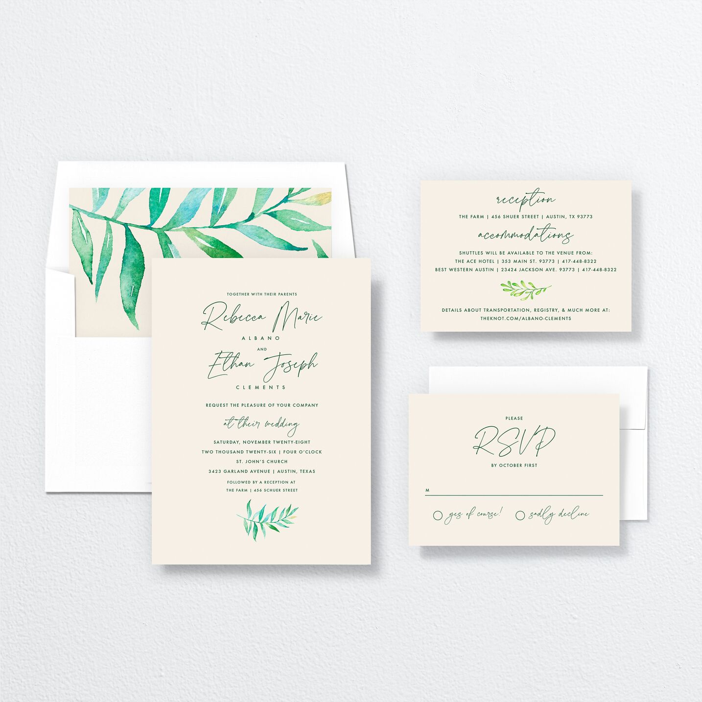Calligraphic Botanical Wedding Invitations suite in cream