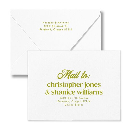 Modern Retro Type Save the Date Petite Card Euro Envelopes White Brass Both Recipient and Return Addresses Luxe Signature