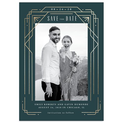 Vintage Deco Save The Date Cards Gold Dark Emerald Signature smooth Blank No Standard