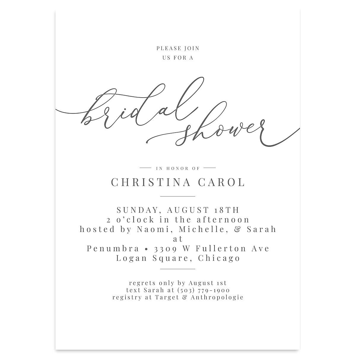 Romantic Calligraphy Bridal Shower Invitations