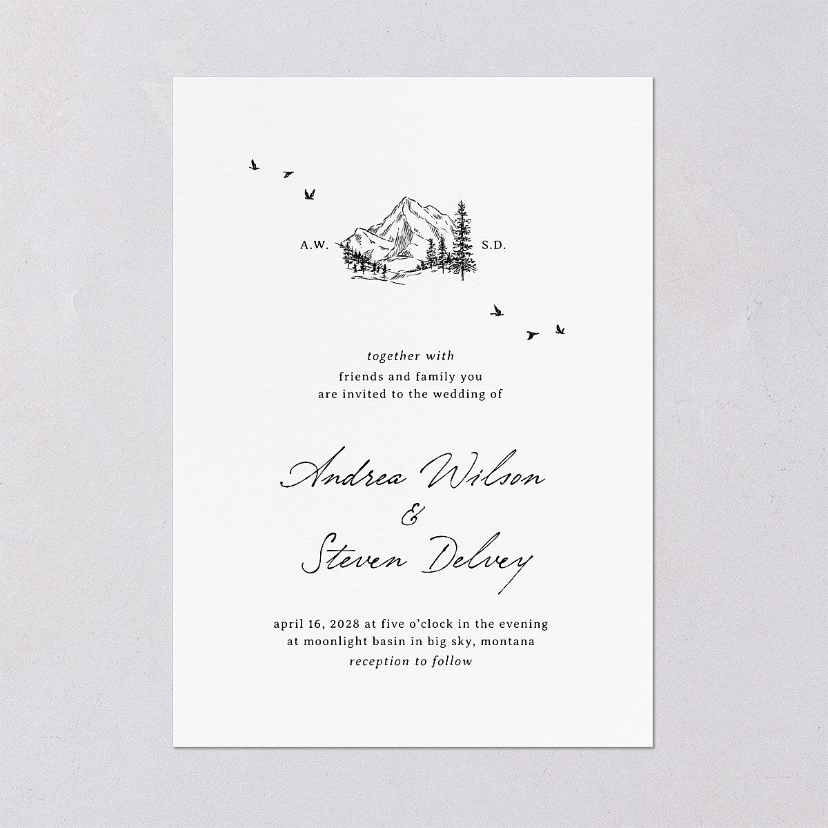 Elegant Mountain Monogram Wedding Invitations Pure White Signature Blank Standard