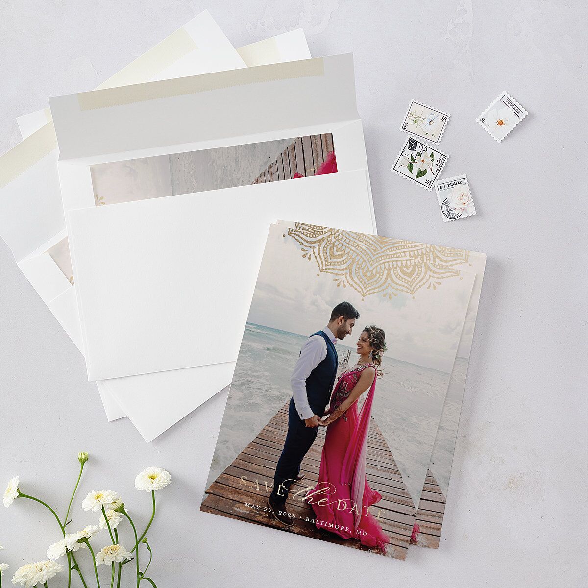 Indian Gilded Adornment Save The Date Cards Gold Sand Signature smooth Blank No Standard