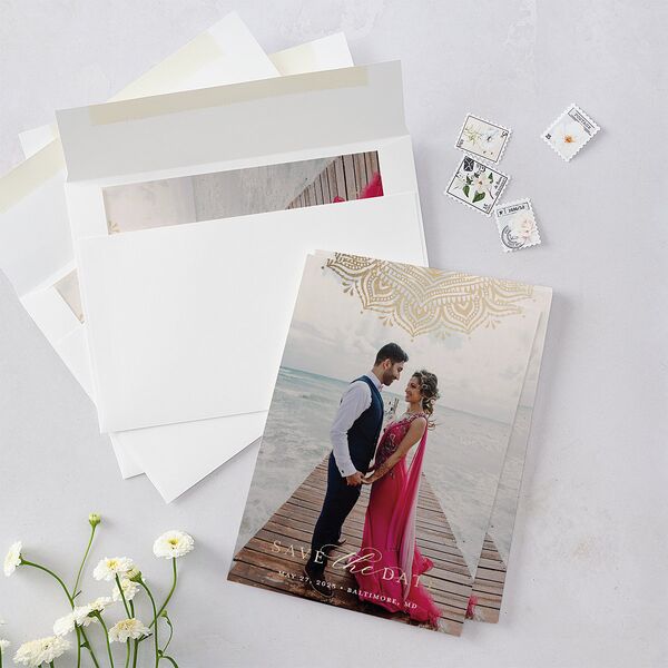 Indian Gilded Adornment Save The Date Cards Gold Sand Signature smooth Blank No Standard