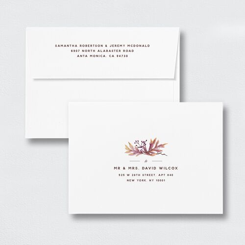 Autumn Leaves Wedding Invitation Envelopes White Standard Lilac Both Recipient and Return Addresses