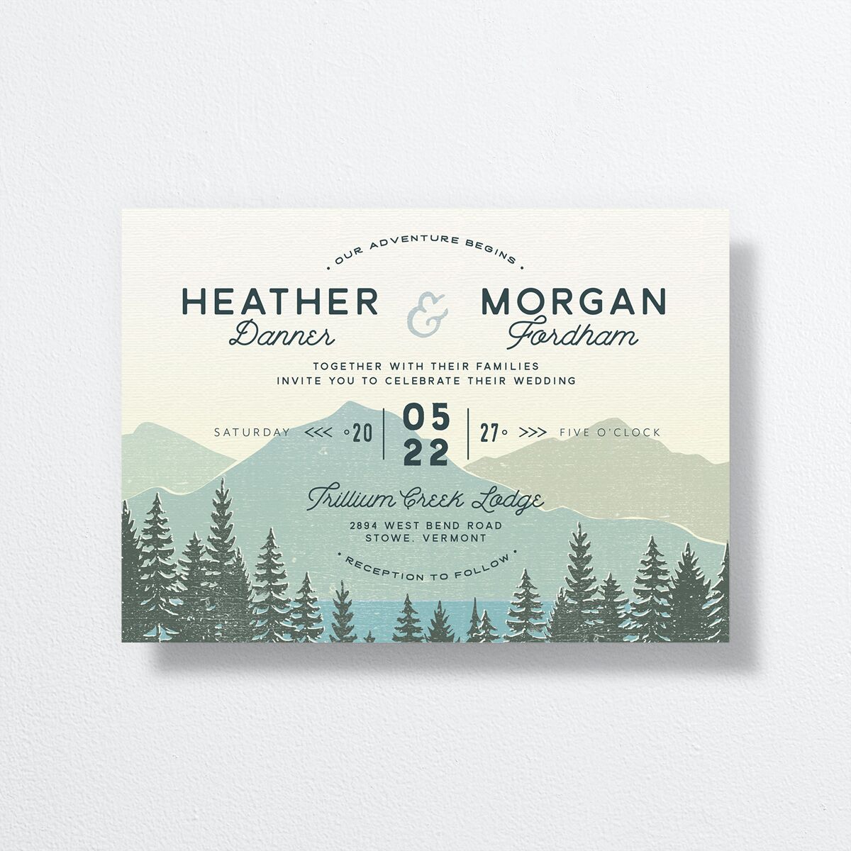 Vintage Mountain Wedding Invitations front in Teal